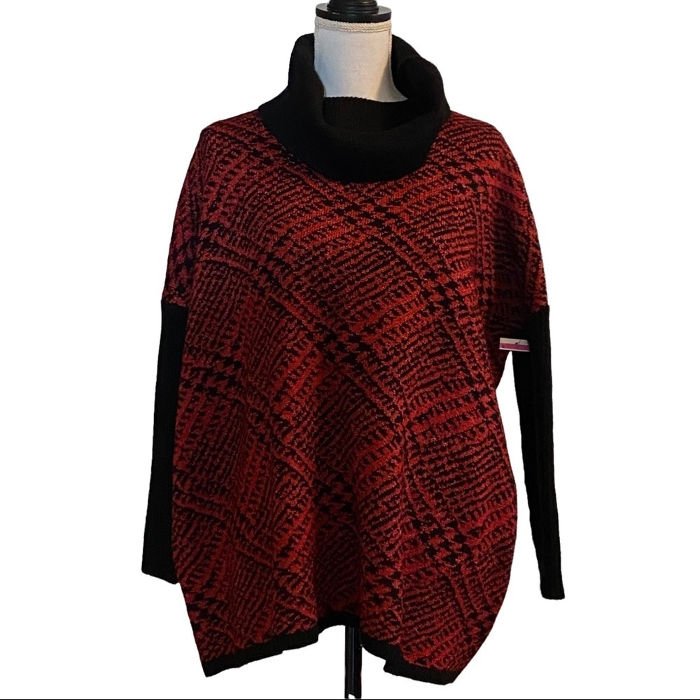 Joseph A Houndstooth Plaid Turtleneck‎ Sweater SZ XS Black & Red Holiday NEW